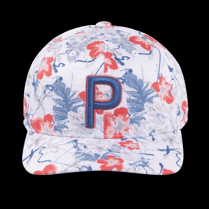 Puma På Tilbud Nassau Trykt P Snapback Golfcaps For Menn Hvit-kobolt-varm Korall