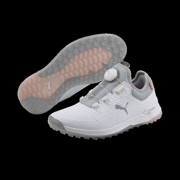 Puma På Salg Hvit-sølv-rosa Dame Proadapt Alphacat Disc Lukking Golfsko Kvinner