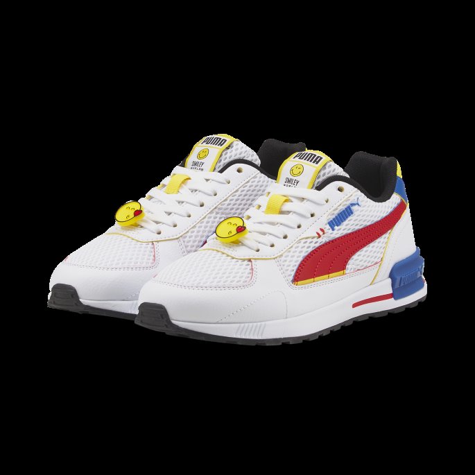 Puma På Tilbud X Smileyworld Graviton Joggesko Store Barn Hvit-rød-pulserende Gul-kongelig