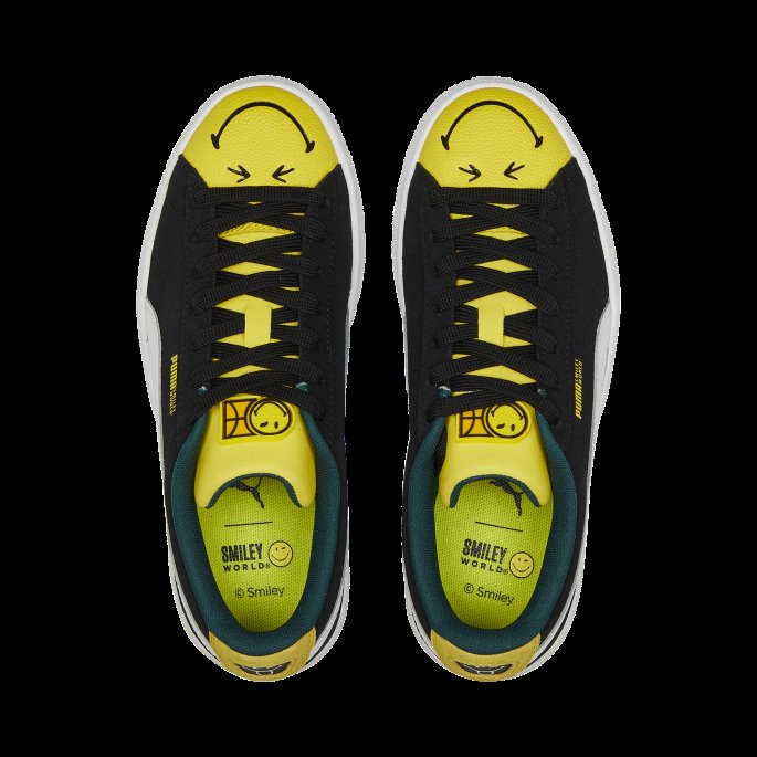 Puma På Tilbud X Smileyworld Semsket Skinn Store Barnesko Svart-hvitt-levende Gule