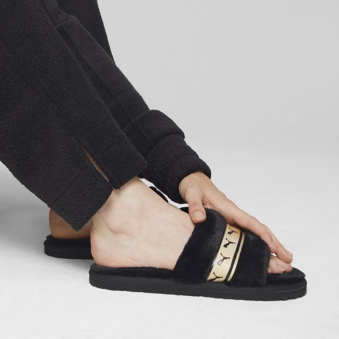 Black-team Gold Fluff Remix Metallic Slides For Kvinner Puma På Salg