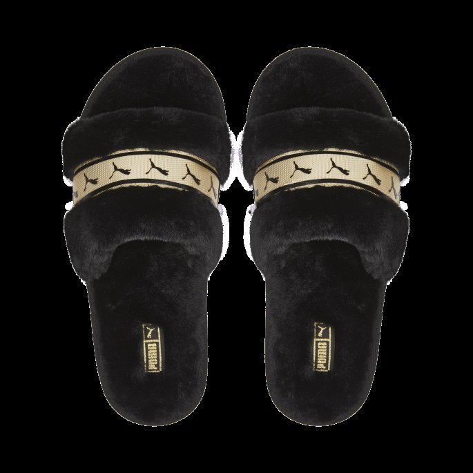 Black-team Gold Fluff Remix Metallic Slides For Kvinner Puma På Salg
