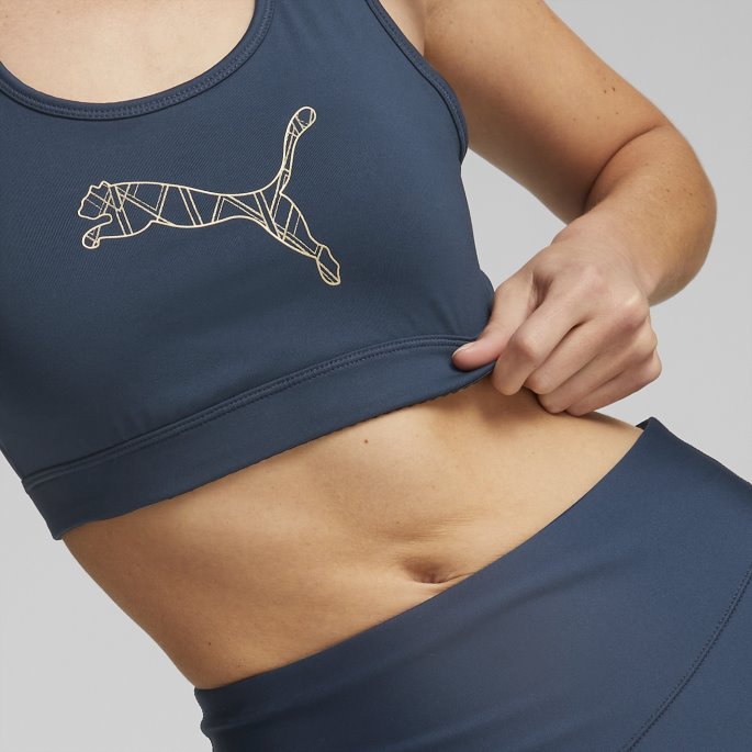 Puma På Tilbud 4keeps Kvinners Grafiske Mid Impact Bh Marine Blå-gull Stor Katt
