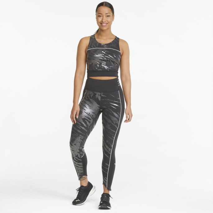 Puma På Tilbud Black-aop Q1 High Shine Cropped Løpe-topp For Kvinner