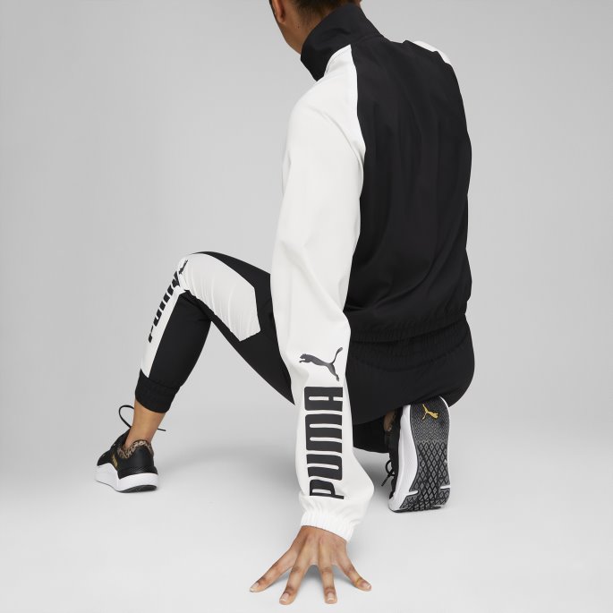 Puma På Tilbud Svart-hvit Passform Logo Colorblock Vevd Treningsjakke For Kvinner
