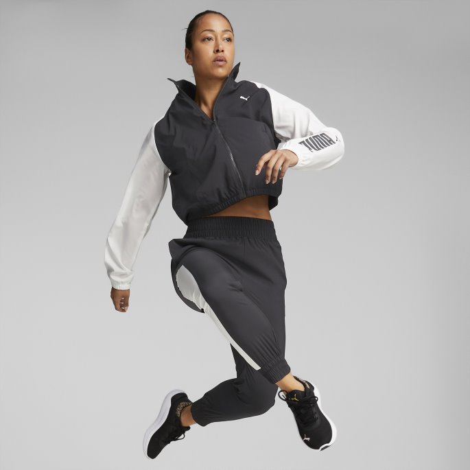 Puma På Tilbud Svart-hvit Passform Logo Colorblock Vevd Treningsjakke For Kvinner