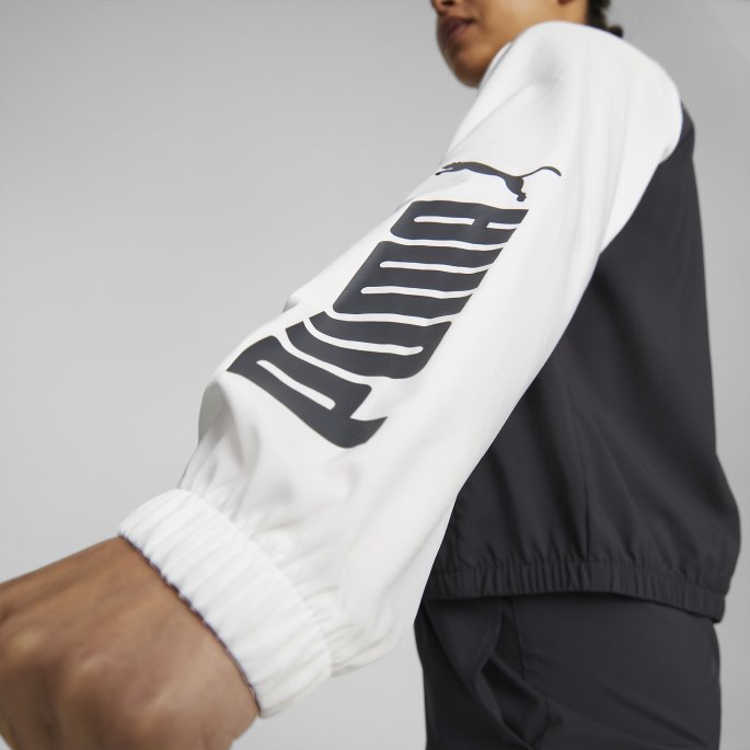 Puma På Tilbud Svart-hvit Passform Logo Colorblock Vevd Treningsjakke For Kvinner