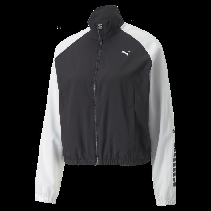 Puma På Tilbud Svart-hvit Passform Logo Colorblock Vevd Treningsjakke For Kvinner