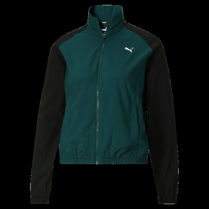 Varsity Grønn-svart Puma På Tilbud Passform Logo Colorblock Vevd Treningsjakke For Kvinner