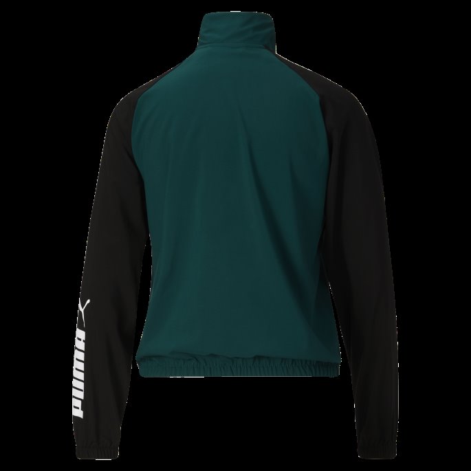 Varsity Grønn-svart Puma På Tilbud Passform Logo Colorblock Vevd Treningsjakke For Kvinner