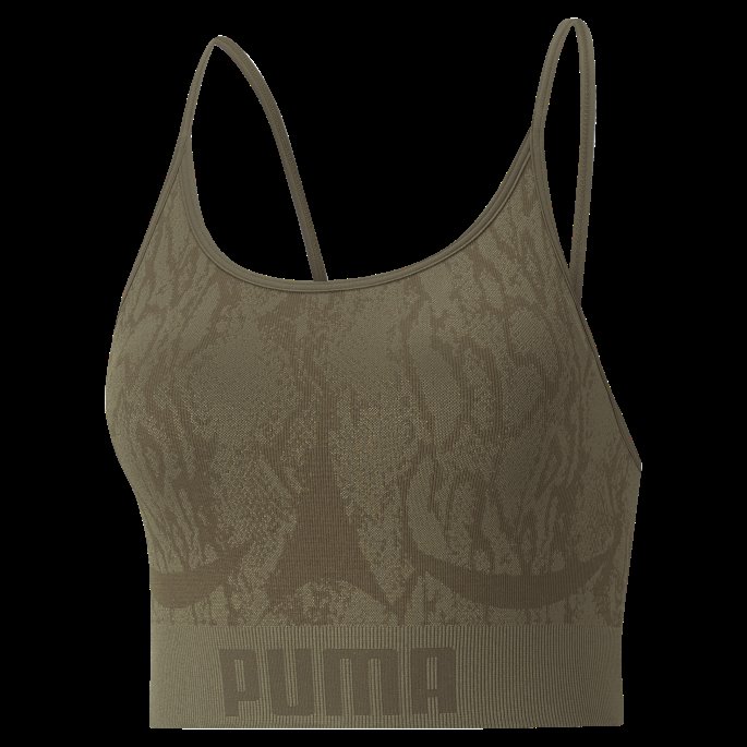 Puma På Tilbud Formstrikket Sømløs Lang Trenings-bh Kvinner Dypt Oliven-slangetrykk