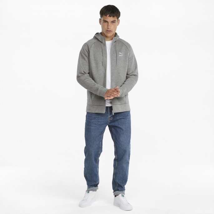 Puma På Tilbud Mellomgrå Lyng Klassikere Tech Hettegenser For Menn Med Full Glidelås