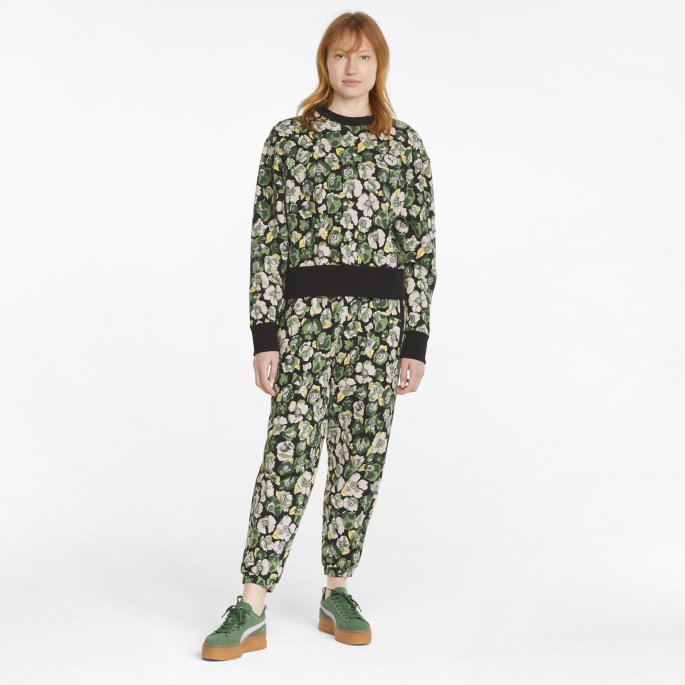 Svartblomst Aop Puma På Tilbud X Liberty Trykt Damegenser Med Rund Hals