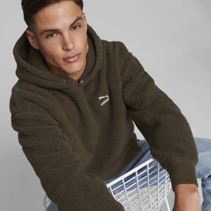 Puma På Tilbud Classics Sherpa Hettegenser For Menn Dyp Oliven