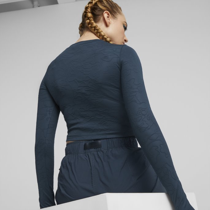 Marine Blå Puma På Salg Innland Beskåret Langermet Tight Tee Kvinner