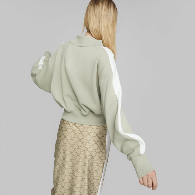 Puma På Tilbud Pebble Grey Luxe Sport T7 Cropped Crewneck Kvinner