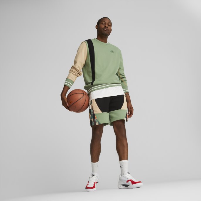 Puma På Tilbud X Sort Femmere Basketballgenser Med Rund Hals For Menn Støvete Grønn-lys Sand
