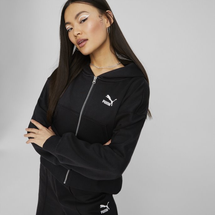 Puma På Tilbud Sorte Klassikere Hettegenser Med Full Glidelås Kvinner