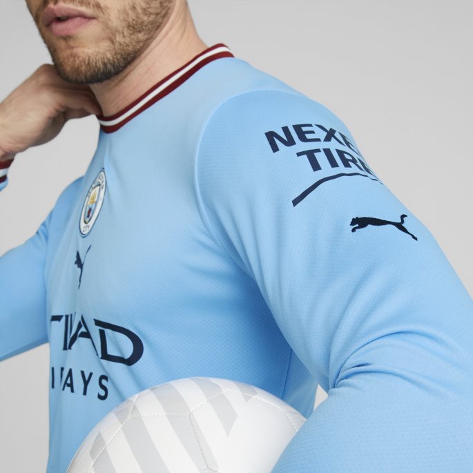 Team Lys Blå-intens Rød Puma På Salg Manchester City F.c. Hjemme 22-23 Langermet Replika Jersey Herre