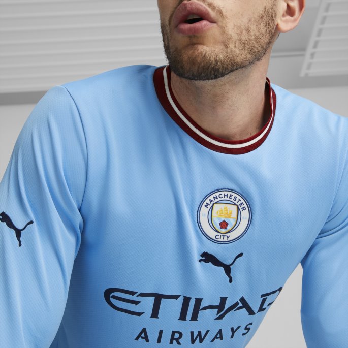 Team Lys Blå-intens Rød Puma På Salg Manchester City F.c. Hjemme 22-23 Langermet Replika Jersey Herre