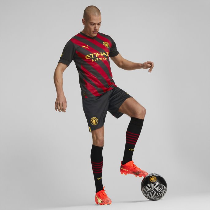 Manchester City F.c. Borte 22-23 Replica Herretrøye Svart-tango Rød Puma På Salg