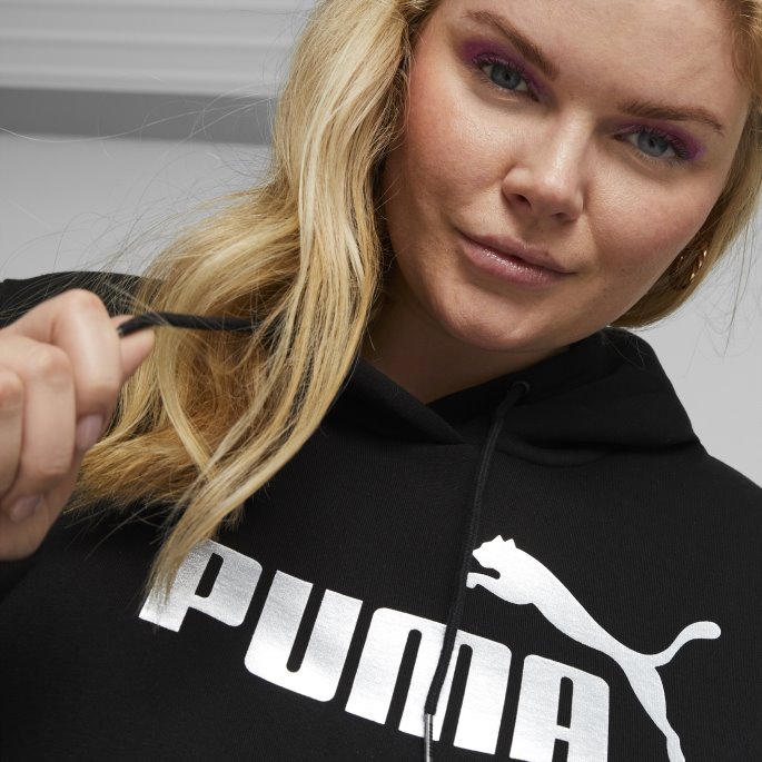Svart-sølv Metallic Puma På Tilbud Nødvendigheter+ Metallic Logo Hettegenser Kvinner