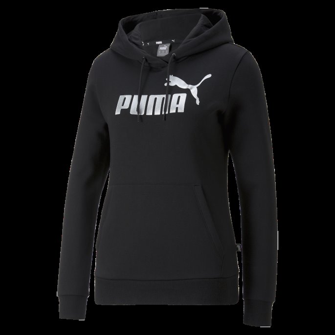 Svart-sølv Metallic Puma På Tilbud Nødvendigheter+ Metallic Logo Hettegenser Kvinner