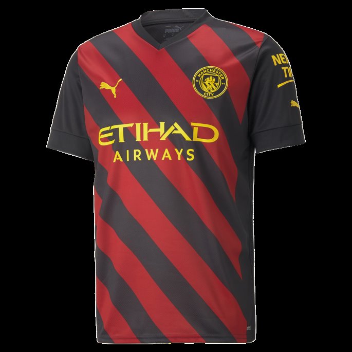 Manchester City F.c. Borte 22-23 Kopi Jersey Med Haaland Trykk Herre Svart-tango Rød Puma På Salg